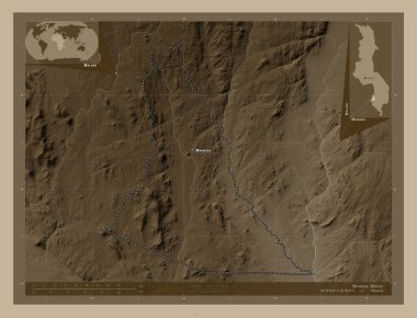Mwanza, Malawi bölgesi. Yükseklik haritası sepya tonlarında göller ve nehirlerle renklendirilmiş. Bölgenin büyük şehirlerinin yerleri ve isimleri. Köşedeki yedek konum haritaları