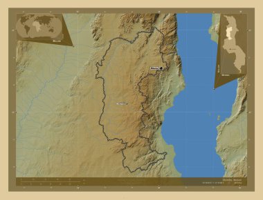 Mzimba, Malawi bölgesi. Gölleri ve nehirleri olan renkli yükseklik haritası. Bölgenin büyük şehirlerinin yerleri ve isimleri. Köşedeki yedek konum haritaları
