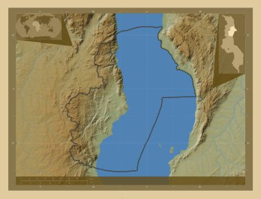 Nkhata Körfezi, Malawi bölgesi. Gölleri ve nehirleri olan renkli yükseklik haritası. Bölgenin büyük şehirlerinin yerleri. Köşedeki yedek konum haritaları