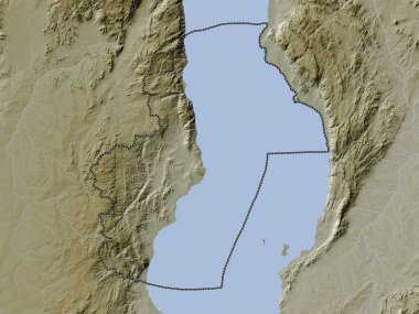 Nkhata Körfezi, Malawi bölgesi. Yükseklik haritası göller ve nehirlerle wiki stilinde renklendirilmiştir