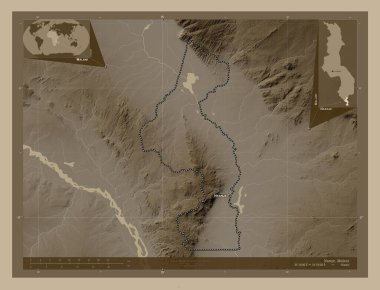 Nsanje, Malawi bölgesi. Yükseklik haritası sepya tonlarında göller ve nehirlerle renklendirilmiş. Bölgenin büyük şehirlerinin yerleri ve isimleri. Köşedeki yedek konum haritaları