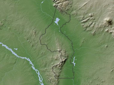 Nsanje, Malawi bölgesi. Yükseklik haritası göller ve nehirlerle wiki stilinde renklendirilmiştir