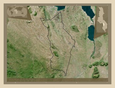 Ntcheu, district of Malawi. High resolution satellite map. Locations of major cities of the region. Corner auxiliary location maps clipart