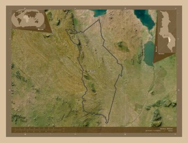 Ntcheu, district of Malawi. Low resolution satellite map. Locations and names of major cities of the region. Corner auxiliary location maps clipart