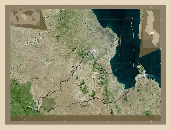 Ντέντζα Περιφέρεια Μαλάουι Υψηλής Ανάλυσης Δορυφορικός Χάρτης Γωνιακοί Χάρτες Βοηθητικής — Φωτογραφία Αρχείου