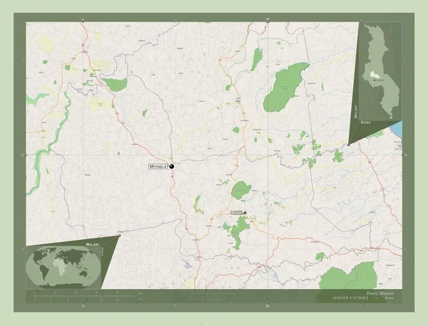 Dowa District Malawi 开放街道地图 该区域主要城市的地点和名称 角辅助位置图 — 图库照片