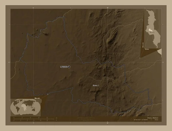 Дова Район Малави Карта Высоты Окрашенная Сепиевые Тона Озерами Реками — стоковое фото