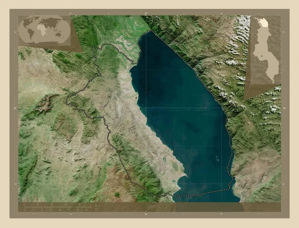 Karonga 马拉维地区 高分辨率卫星地图 角辅助位置图 — 图库照片