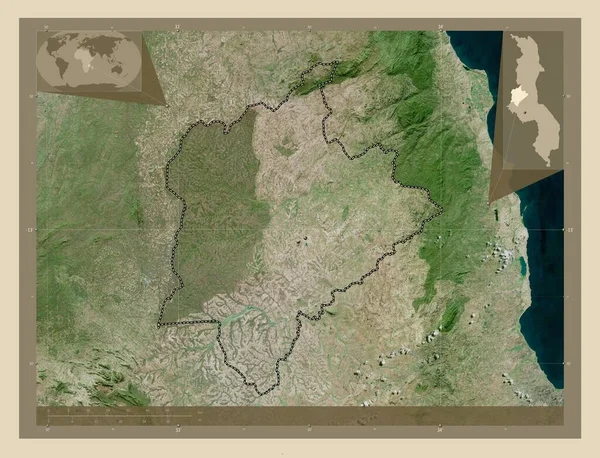 Kasungu District Malawi 高分辨率卫星地图 该区域主要城市的所在地点 角辅助位置图 — 图库照片