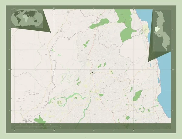 Kasungu District Malawi 开放街道地图 该区域主要城市的所在地点 角辅助位置图 — 图库照片