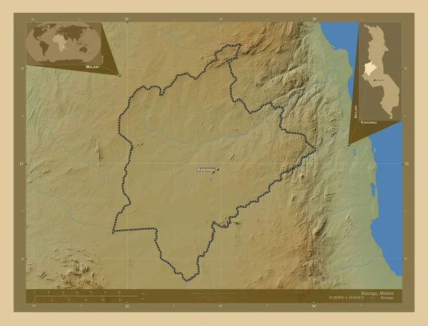 Κασούνγκου Περιοχή Μαλάουι Χρωματιστός Υψομετρικός Χάρτης Λίμνες Και Ποτάμια Τοποθεσίες — Φωτογραφία Αρχείου