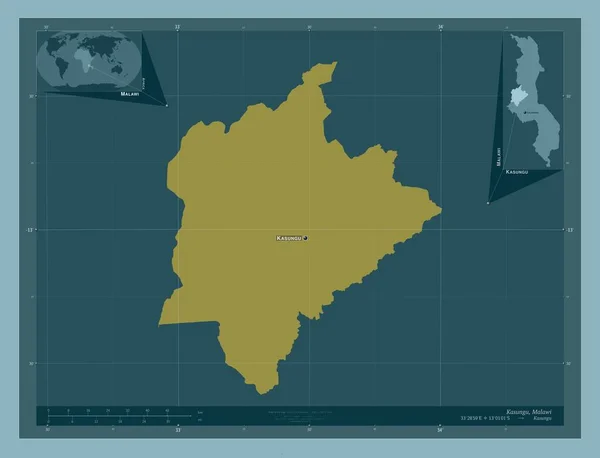 マラウィのカスング県 しっかりした色の形 地域の主要都市の位置と名前 コーナー補助位置図 — ストック写真