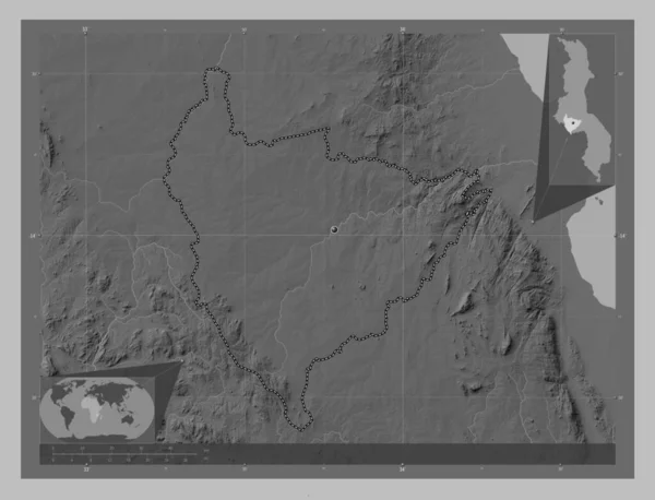 Lilongwe Distriktet Malawi Grayscale Höjdkarta Med Sjöar Och Floder Platser — Stockfoto