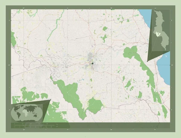 利隆圭 马拉维区 开放街道地图 该区域主要城市的所在地点 角辅助位置图 — 图库照片