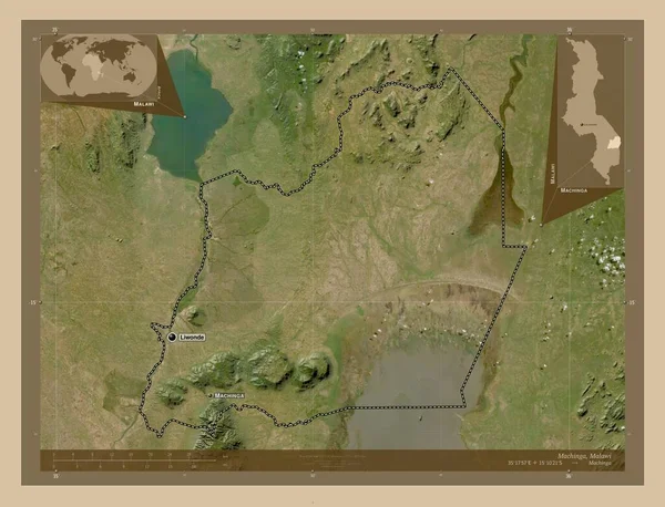 Machinga 马拉维地区 低分辨率卫星地图 该区域主要城市的地点和名称 角辅助位置图 — 图库照片
