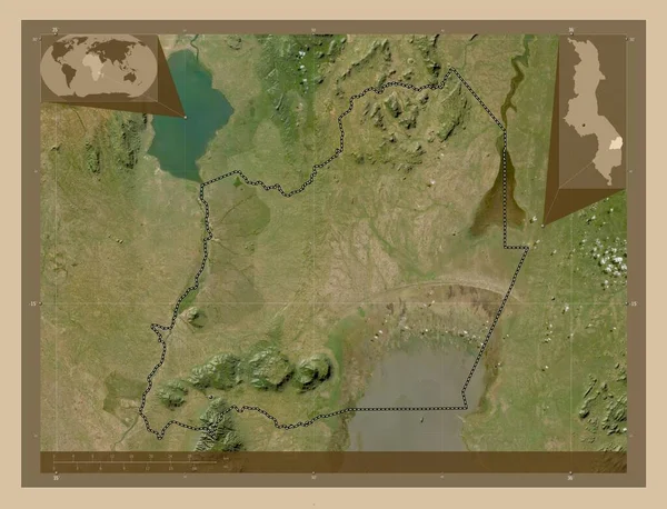 Machinga 马拉维地区 低分辨率卫星地图 角辅助位置图 — 图库照片