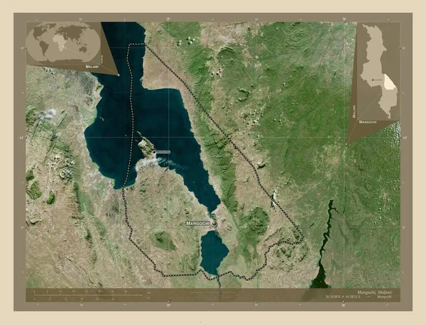 マラウイの町 高解像度衛星地図 地域の主要都市の位置と名前 コーナー補助位置図 — ストック写真