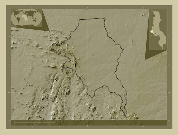 Mchinji 马拉维地区 用Wiki风格绘制的带有湖泊和河流的高程地图 角辅助位置图 — 图库照片