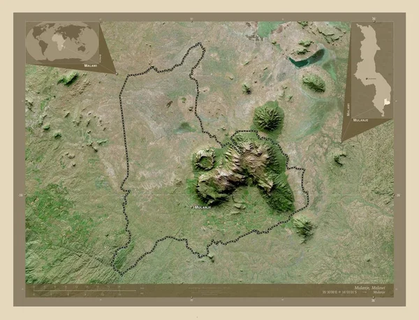 マラウィ地方のムランジェ 高解像度衛星地図 地域の主要都市の位置と名前 コーナー補助位置図 — ストック写真