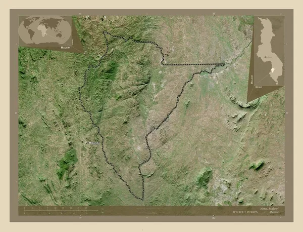 マラウィのネノ県 高解像度衛星地図 地域の主要都市の位置と名前 コーナー補助位置図 — ストック写真