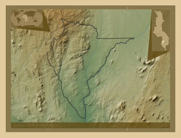 Neno Dzielnica Malawi Kolorowa Mapa Wzniesień Jeziorami Rzekami Lokalizacje Dużych — Zdjęcie stockowe