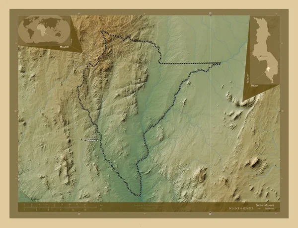 Нено Район Малави Цветная Карта Высоты Озерами Реками Места Названия — стоковое фото