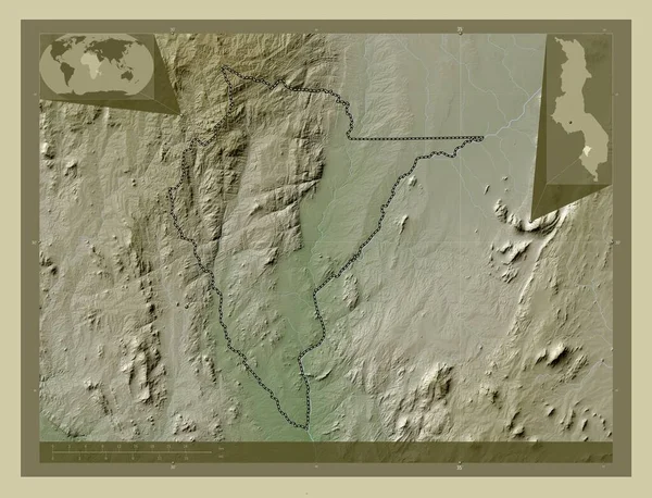 Neno 马拉维地区 用Wiki风格绘制的带有湖泊和河流的高程地图 该区域主要城市的所在地点 角辅助位置图 — 图库照片