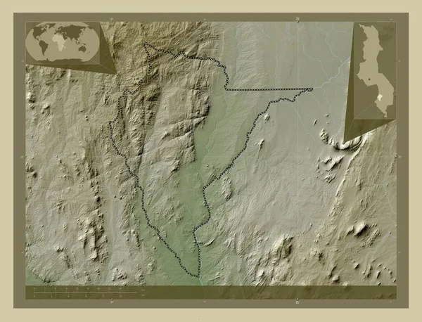 Neno 马拉维地区 用Wiki风格绘制的带有湖泊和河流的高程地图 角辅助位置图 — 图库照片