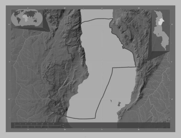 Nkhata Bay District Malawi Grayscale Elevation Map Lakes Rivers Locations — Stock Photo, Image