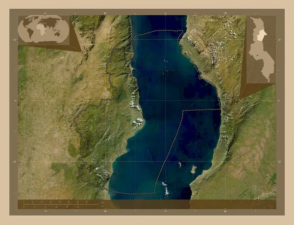 マラウィのNkhata湾地区 低解像度衛星地図 コーナー補助位置図 — ストック写真