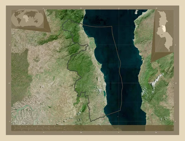 マラウィ県のNkhotakota 高解像度衛星地図 地域の主要都市の場所 コーナー補助位置図 — ストック写真