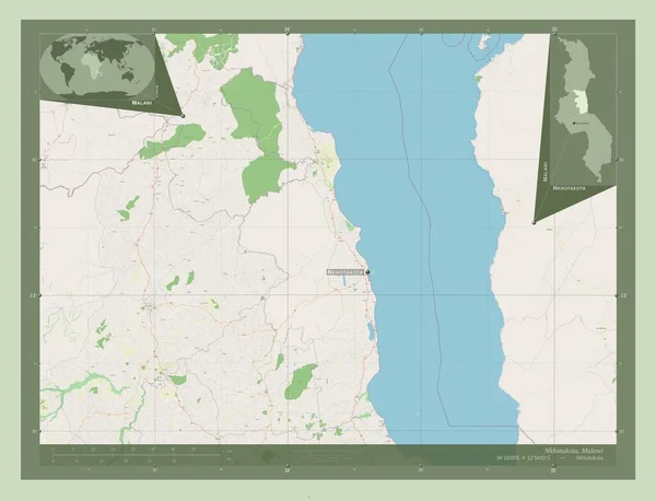 マラウィ県のNkhotakota ストリートマップを開く 地域の主要都市の位置と名前 コーナー補助位置図 — ストック写真