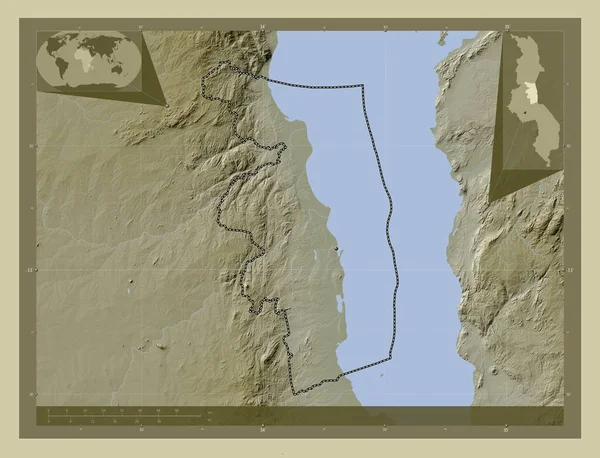 Nkhotakota 马拉维地区 用Wiki风格绘制的带有湖泊和河流的高程地图 角辅助位置图 — 图库照片
