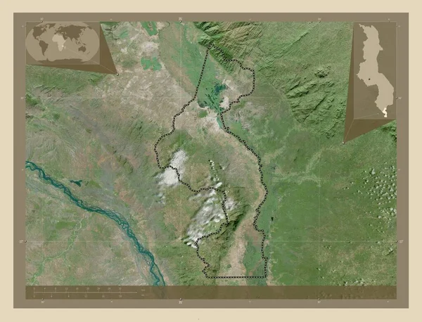 Nsanje 马拉维地区 高分辨率卫星地图 该区域主要城市的所在地点 角辅助位置图 — 图库照片