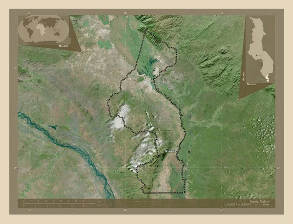 マラウィ地区のナンジェ 高解像度衛星地図 地域の主要都市の位置と名前 コーナー補助位置図 — ストック写真