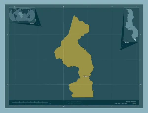 マラウィ地区のナンジェ しっかりした色の形 地域の主要都市の位置と名前 コーナー補助位置図 — ストック写真