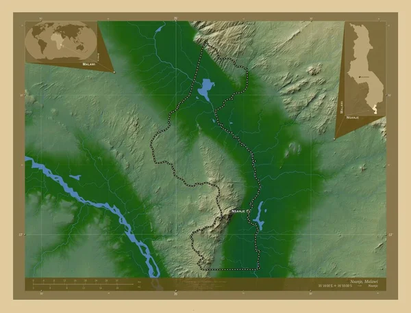マラウィ地区のナンジェ 湖や川と色の標高マップ 地域の主要都市の位置と名前 コーナー補助位置図 — ストック写真