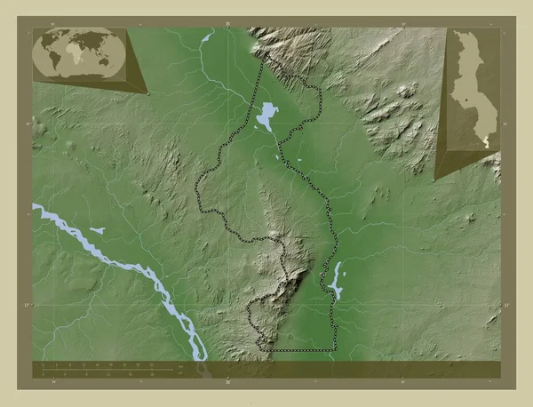 Nsanje 马拉维地区 用Wiki风格绘制的带有湖泊和河流的高程地图 该区域主要城市的所在地点 角辅助位置图 — 图库照片