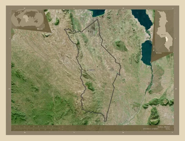 マラウィのNtcheu地区 高解像度衛星地図 地域の主要都市の位置と名前 コーナー補助位置図 — ストック写真
