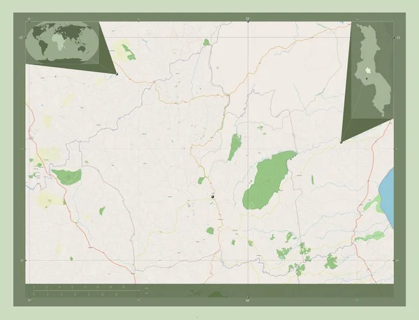 Ntchisi 马拉维地区 开放街道地图 该区域主要城市的所在地点 角辅助位置图 — 图库照片