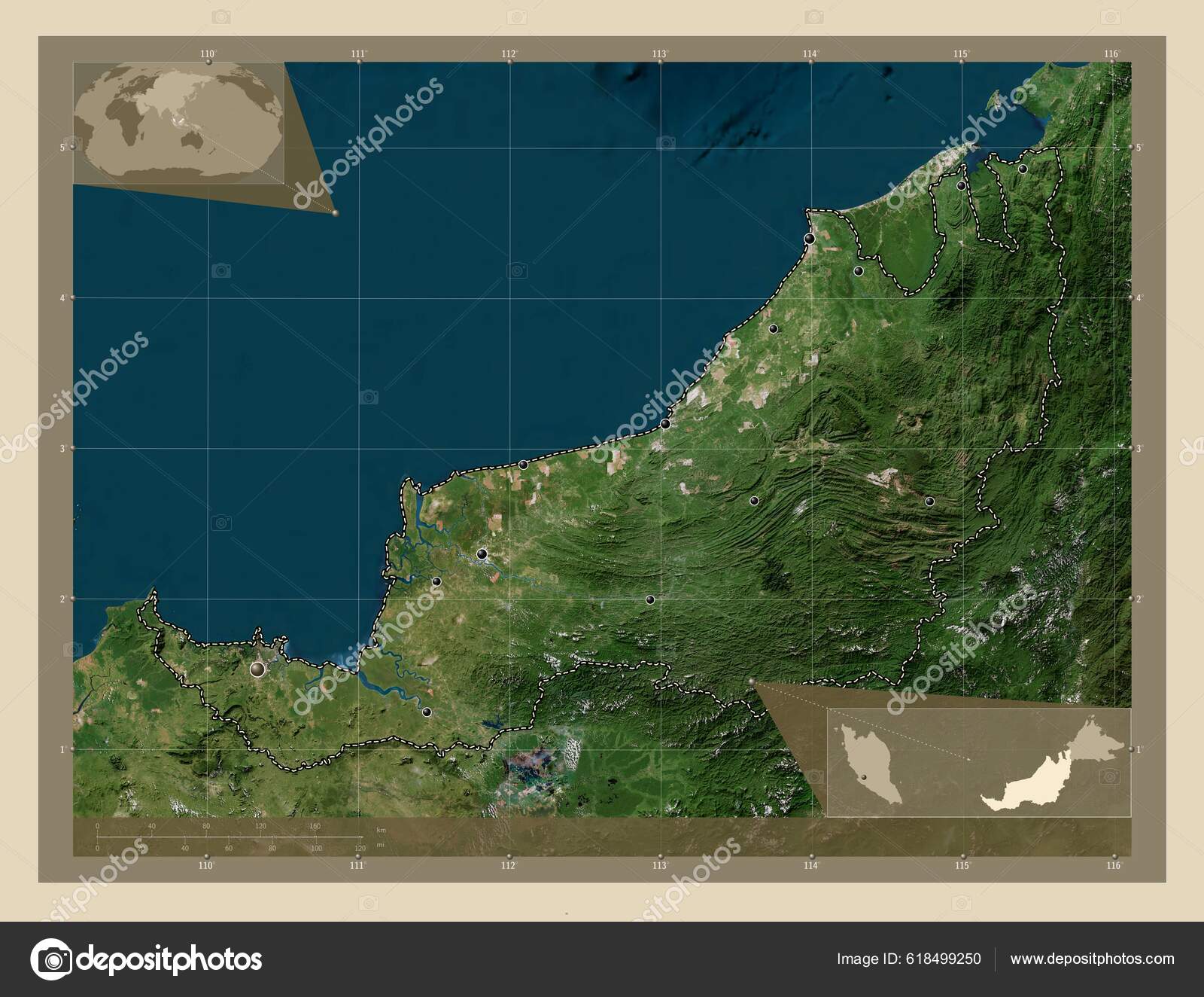 Саравак Штат Малайзия Спутниковая Карта Высокого Разрешения Места.
