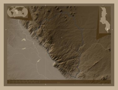 Thyolo, Malavi bölgesi. Yükseklik haritası sepya tonlarında göller ve nehirlerle renklendirilmiş. Köşedeki yedek konum haritaları
