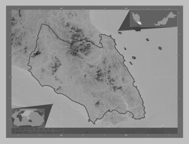 Johor, Malezya Eyaleti. Gölleri ve nehirleri olan gri tonlama yükseklik haritası. Köşedeki yedek konum haritaları