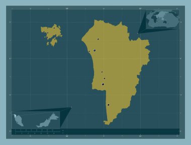 Kedah, Malezya Eyaleti. Katı renk şekli. Bölgenin büyük şehirlerinin yerleri. Köşedeki yedek konum haritaları