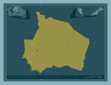 Negeri Sembilan, Malezya Eyaleti. Katı renk şekli. Bölgenin büyük şehirlerinin yerleri ve isimleri. Köşedeki yedek konum haritaları
