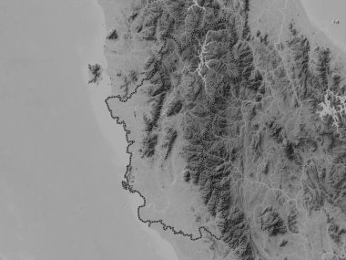 Perak, Malezya Eyaleti. Gölleri ve nehirleri olan gri tonlama yükseklik haritası