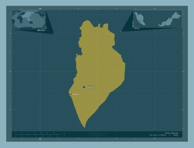 Perlis, Malezya Eyaleti. Katı renk şekli. Bölgenin büyük şehirlerinin yerleri ve isimleri. Köşedeki yedek konum haritaları