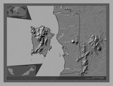 Pulau Pinang, Malezya Eyaleti. Göllü ve nehirli çift katlı yükseklik haritası. Bölgenin büyük şehirlerinin yerleri ve isimleri. Köşedeki yedek konum haritaları