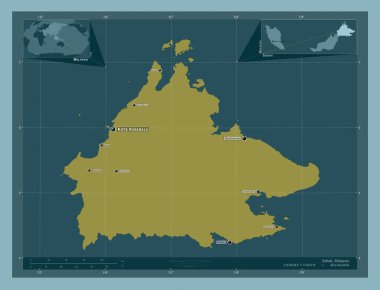 Sabah, Malezya eyaleti. Katı renk şekli. Bölgenin büyük şehirlerinin yerleri ve isimleri. Köşedeki yedek konum haritaları