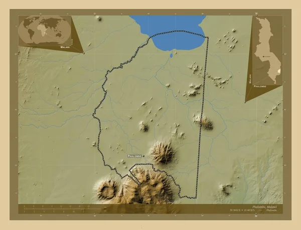 マラウィ地区のPhalombe 湖や川と色の標高マップ 地域の主要都市の位置と名前 コーナー補助位置図 — ストック写真